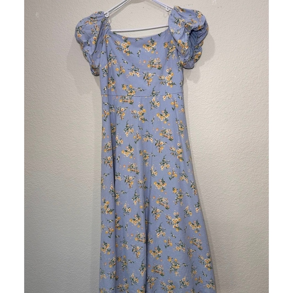 August Sky Blue Floral Linen Blend Puff Sleeve Smocked Midi Dress  Large